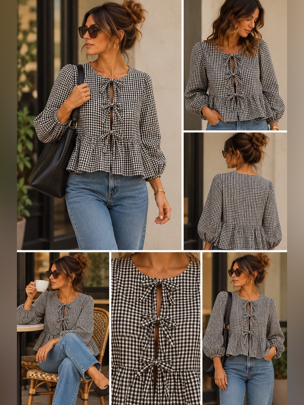 Gingham Tie-Front Peplum Blouse - Black/White